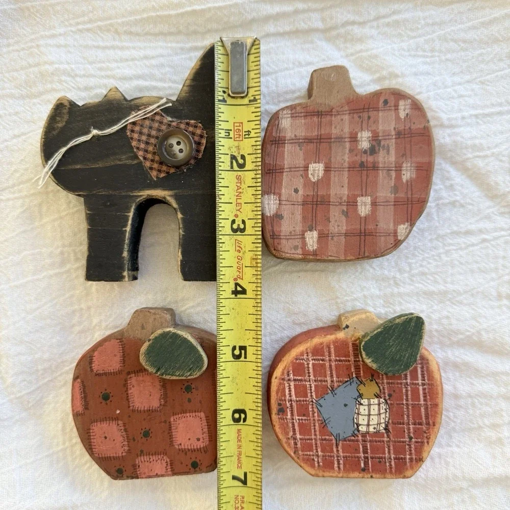 Wooden Handcrafted Pumpkin Set Black Cat Folk Country Halloween Hand Painted